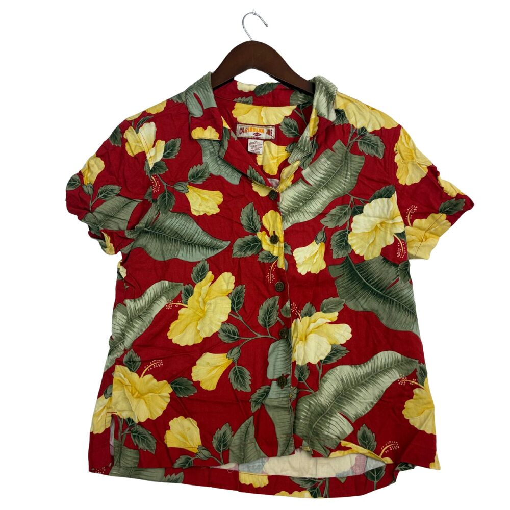 Caribbean Joe Womens Petite L Red Hawaiian Shirt Hibiscus Floral Rayon Button Up